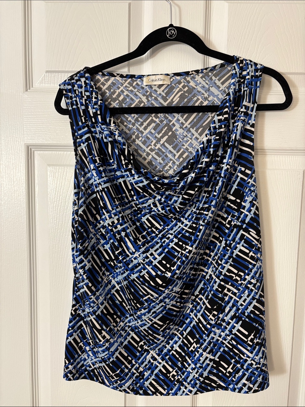 Calvin Klein Blue Black and White Cowl Neck Geometric Sleeveless Top